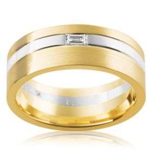 Handmade 7mm Men's Two-Tone Wedding Ring with 0.07ct Baguette Diamond – 18ct White & Yellow Gold