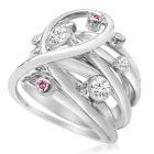 Wire wrapped ladies dress ring with white and pink round brilliant cut diamonds.